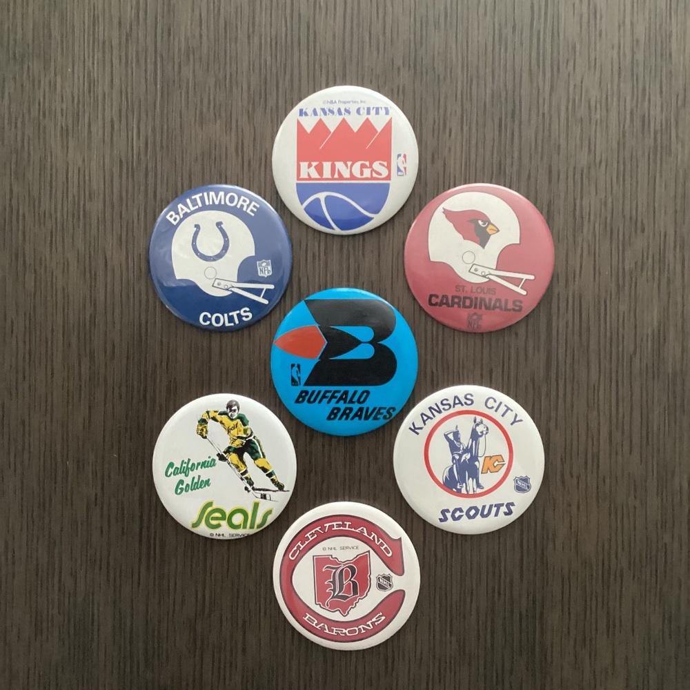 1970s Vintage Collector Sports Pins/Buttons - Defunct NHL, NFL & NBA Teams